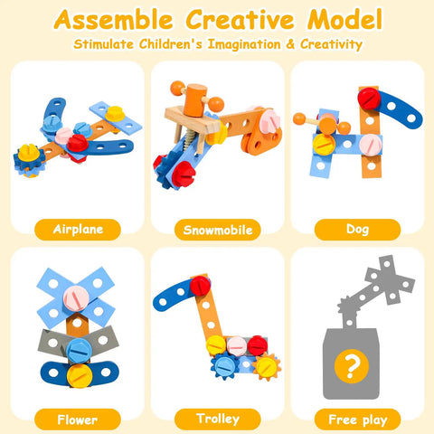 Assemble creative model options from 39 Piece Kids Tool Set With Apron. Wooden pieces form airplane, snowmobile, dog, flower, trolley.