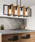 Antique Wood Chandelier For Kitchen Island With 4 Lights, 31.5 Inch Rectangular Pendant In Black Rustic Farmhouse Style