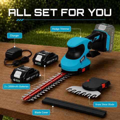 Cordless 20V Hedge Trimmer And Grass Shears Two In One with 12 Inch and 6 Inch Dual Action SK5 Blades, two 2Ah Batteries, charger