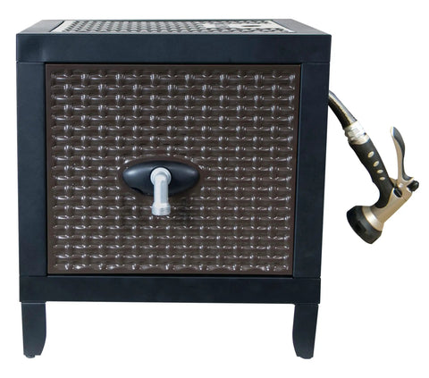 NeverLeak Hose Reel Cabinet With 100 Ft Capacity, Decorative Wicker Look, Auto Track Rewind, Black Metal Outdoor Hose Storage Box