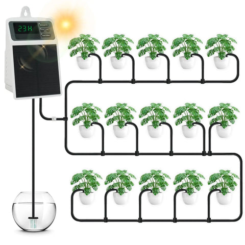 Smart Drip Irrigation System For 15 Pots With Solar And USB C Dual Charging 2200mAh Battery IPX5 Waterproof Auto Timer Kit