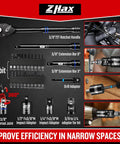 Three Eighths Inch Drive 12 Point Impact Socket Set With Deep And Shallow Sockets, 74 Piece SAE, ratchet handle, adapters