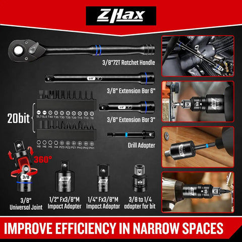 Three Eighths Inch Drive 12 Point Impact Socket Set With Deep And Shallow Sockets, 74 Piece SAE, ratchet handle, adapters