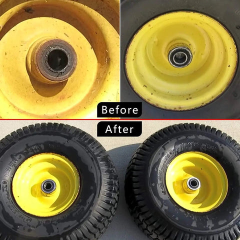 10 Pcs Flanged Ball Bearing Set Three Quarters Inch Inner Diameter And One And Three Eighths Inch Outer Diameter Lawn Mowers Wheelbarrows Carts Hand Trucks Replacement 532009040 AM118315 AM127304 10513 251210 Chromium Steel Built Roll Duty. Before and after wheel bearing replacement on yellow wheel.