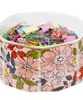 Ceramic Paper Clip Holder With Gold Line Dispenser, Desk Organizer For Paper Clips, Binder Clips, Floral Pink Pattern