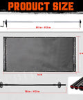 Dump Truck And Trailer Tarp Kit With Rear Anti-Sail Bow, Aluminum Roller, 5ft By 14ft PVC Mesh, Easy Install Tarp System For Dump Trailers, Heavy Duty Weatherproof Covering That Keeps Loads Secure. Product size chart showing 81-113 in roller and 5 x 14 ft tarp.