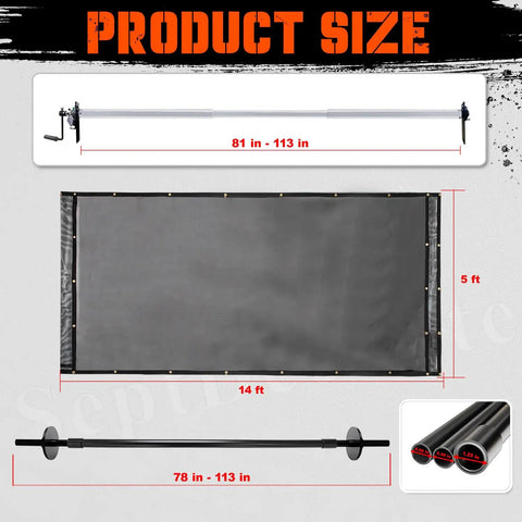 Dump Truck And Trailer Tarp Kit With Rear Anti-Sail Bow, Aluminum Roller, 5ft By 14ft PVC Mesh, Easy Install Tarp System For Dump Trailers, Heavy Duty Weatherproof Covering That Keeps Loads Secure. Product size chart showing 81-113 in roller and 5 x 14 ft tarp.