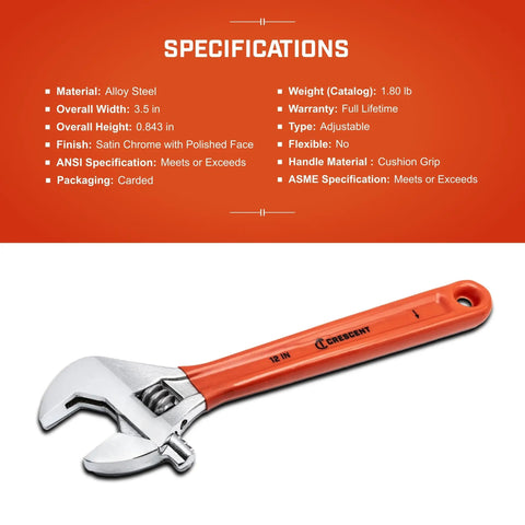 12 Inch Adjustable Cushion-Grip Wrench with Hex Jaw for Tight, Slippage-Free Grips, Ergonomic Handle, Steel Hand Tool