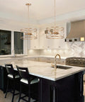 Gold Drum Pendant Light Fixture, 3-Light Pendant Lighting For Kitchen Island over marble counter, sleek modern design