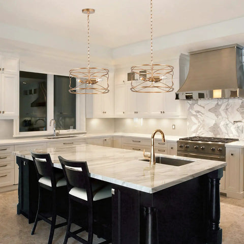 Gold Drum Pendant Light Fixture, 3-Light Pendant Lighting For Kitchen Island over marble counter, sleek modern design