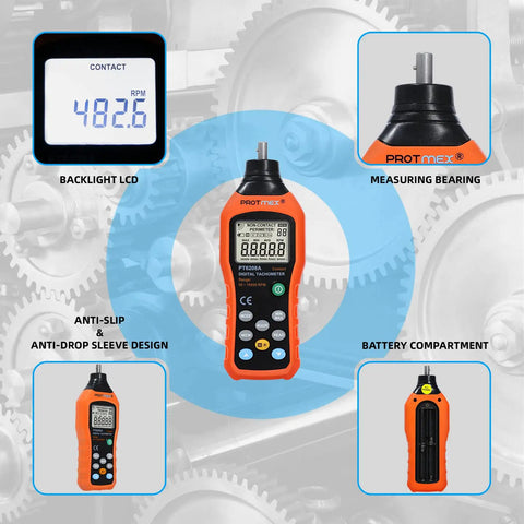 Built Like A Tank Digital Contact Tachometer nails 50 to 19999 RPM with ergonomic design and clear LCD display.