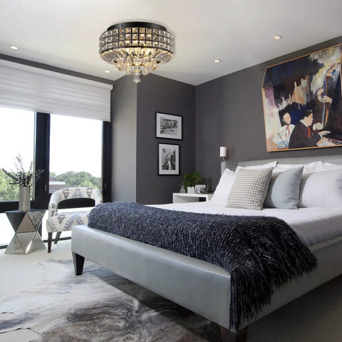 Dope Black K9 Crystal Flush Mount Chandelier 4 Light Ceiling Fixture With Metal Round Shade in a modern bedroom