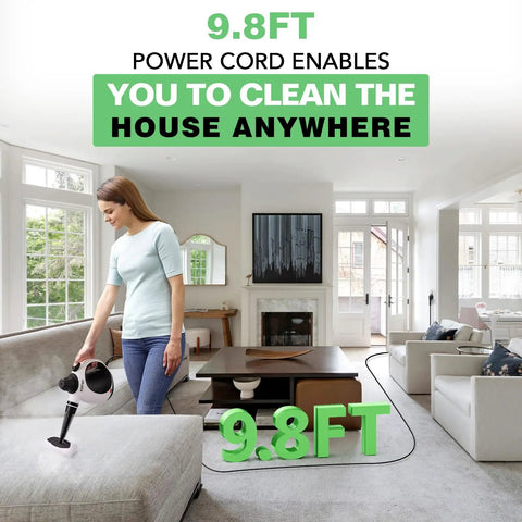 Woman using Heavy Duty Pressurized Handheld Steam Cleaner With Ten Piece Accessory Set on couch with 9.8FT power cord.