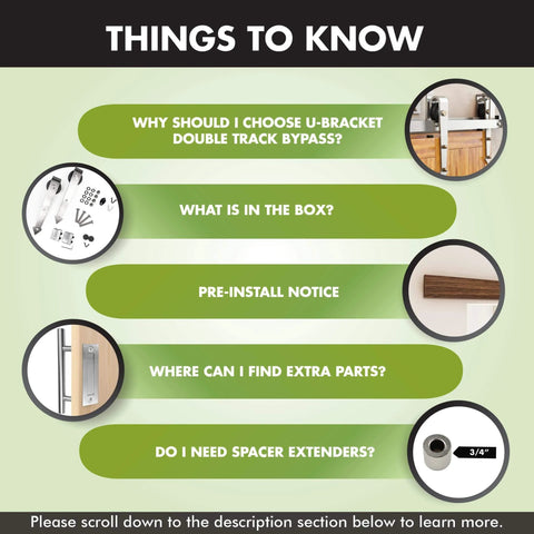 Informational graphic about the Brushed Nickel Double Track Bypass Sliding Barn Door Hardware Kit For Two Doors 6.6ft Flat Track U Shape.