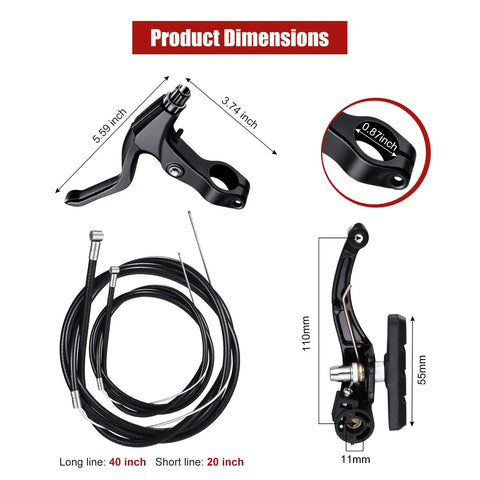 Black Complete Bike Brake Set Front And Rear For MTB And Hybrid Bikes Includes Calipers Levers Inner And Outer Cables And A No Fuss Cable Kit For Easy Installation product dimensions and parts layout