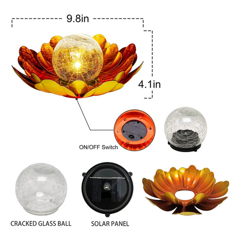 Solar Lotus Flower Light Outdoor Decor For Garden Backyard Waterproof Metal Yard Ornament with cracked glass ball and solar panel