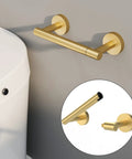 Gold Toilet Paper Holder Stainless Steel 304 Built To Last Double Post Pivoting Roll Holder Wall Mounted Tissue Holder For Commercial Bathroom RV Brushed Brass Finish showing pivot design.