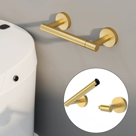 Gold Toilet Paper Holder Stainless Steel 304 Built To Last Double Post Pivoting Roll Holder Wall Mounted Tissue Holder For Commercial Bathroom RV Brushed Brass Finish showing pivot design.