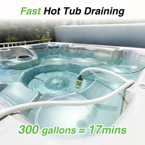 Cordless Submersible Water Pump With Brushless Motor draining hot tub with hose attached, highlighting fast water removal.