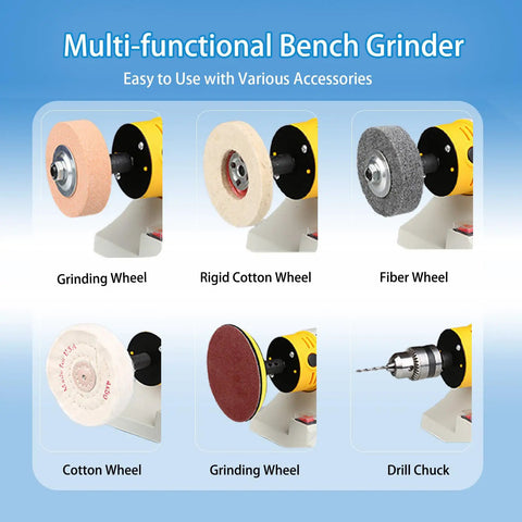 750W Jewelry Bench Polisher And Buffer Machine with grinding, cotton, and fiber wheels, and drill chuck accessories.
