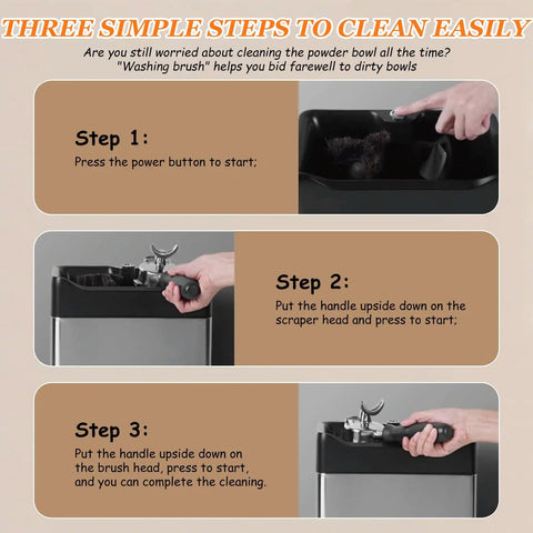 Automatic Electric Espresso Knock Box Offering Rapid Portafilter Cleaning For Fast Ground Removal step-by-step cleaning instructions.