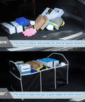 Large Capacity Car Trunk Organizer With Three Spacious Compartments Foldable Waterproof Storage Bag in car trunk, organized items.