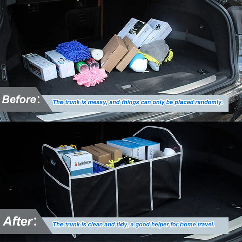 Large Capacity Car Trunk Organizer With Three Spacious Compartments Foldable Waterproof Storage Bag in car trunk, organized items.
