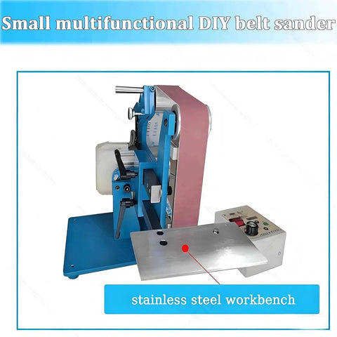 Pro 750W Brushless Belt Sander Machine With Adjustable Speed Up To 6500 RPM Dual-Use Bench Polisher For Metal Working Fine Grinding And Sanding Heavy Duty Power Tool Performance on stainless steel workbench.