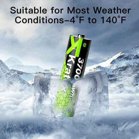 Top Shelf AA Rechargeable Lithium Batteries 3700Mah 8 Pack With Rapid Dock Charging Case in ice, suitable for extreme weather.