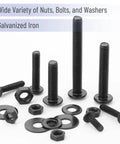 Nuts And Bolts Assortment Kit 113 Pieces Galvanized Iron Hardware Set For Home DIY Projects displayed with bolts, nuts, washers