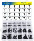 Auto Body Self Tapping Phillips Head Screws Kit With Washer Head 270 Piece Assortment In Sizes 8 10 12 14 For Quick Vehicle Panel Repairs Durable Build For Rugged Long Lasting Use, organized in a plastic case displaying various sizes.