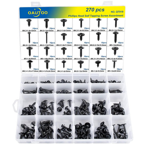 Auto Body Self Tapping Phillips Head Screws Kit With Washer Head 270 Piece Assortment In Sizes 8 10 12 14 For Quick Vehicle Panel Repairs Durable Build For Rugged Long Lasting Use, organized in a plastic case displaying various sizes.