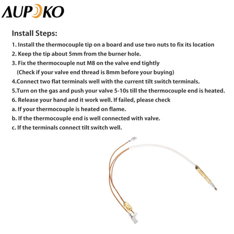 Aupoko thermocouple heater replacement with copper wires and brass fittings, front view beside install steps.