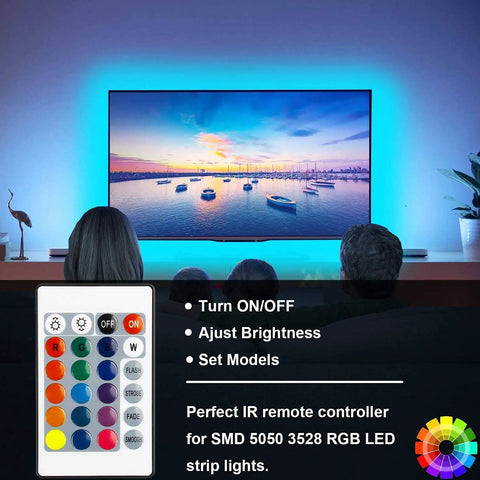 24 Key Wireless RGB LED Strip Remote Controller Replacement for SMD 5050 2835 3528 Light Strips shown with TV lighting
