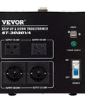 Beefy 3000W Voltage Transformer Converter for Home Use with 2 US, 1 UK, 1 EU outlets and USB port, front view.