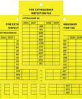 Top Shelf 50 Pack Fire Extinguisher Inspection Tags With Four Year Monthly Record Log, yellow polyester tags with inspection log.