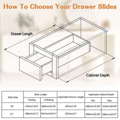 Diagram showing measurements for choosing 1 Pair 21 Inch Undermount Drawer Slides With Full Extension Hidden Rails Soft Close