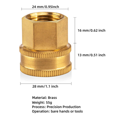 Heavy Duty Brass Garden Hose Adapter 3/4 GHT Female To 1/2 NPT Female Swivel Connector GHT To NPT Brass Fitting For Easy Leak Free Hose Setup And Pipe Thread Conversion, brass adapter dimensions shown