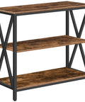 Game Changer Three Tier Industrial Console Table With Real Deal Storage Shelves Narrow Sofa Table For Entryway Foyer Living Room Decor Built Tough Rustic Brown Wood And Black Metal Frame side angle view showing three storage shelves.