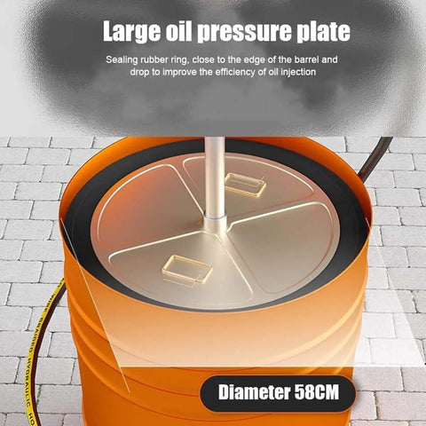 Large oil pressure plate of Heavy Duty Pneumatic Grease Pump With Tough As Nails 80 To 1 Pressure Ratio and Integrated Grease Gun.