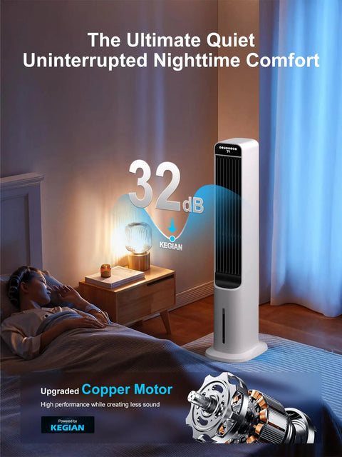Bedroom with Windowless Portable Evaporative Cooler Tower Fan, 41 Inch, 4 Modes and 3 Speeds, Remote, next to a bed.