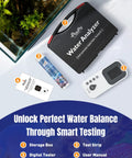 6 In 1 Digital Aquarium Water Test Kit With 50 Strips For Fresh And Saltwater Tanks Fast And Accurate PH Nitrate Nitrite Chlorine Total Hardness And Carbonate Testing For Fish Tanks, showing test strips, digital tester, storage box, and manual.