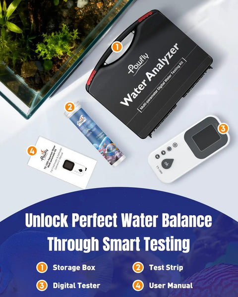6 In 1 Digital Aquarium Water Test Kit With 50 Strips For Fresh And Saltwater Tanks Fast And Accurate PH Nitrate Nitrite Chlorine Total Hardness And Carbonate Testing For Fish Tanks, showing test strips, digital tester, storage box, and manual.