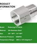Dope 5 Piece Forged 304 Stainless Steel Reducer Adapter Set, 1/4 Inch Male NPT To 3/8 Inch Female NPT, showing adapter details