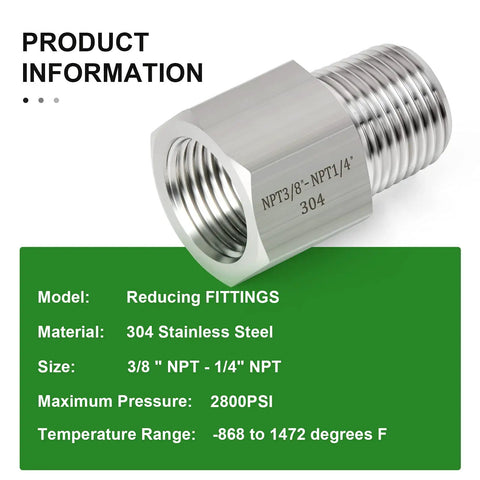 Dope 5 Piece Forged 304 Stainless Steel Reducer Adapter Set, 1/4 Inch Male NPT To 3/8 Inch Female NPT, showing adapter details