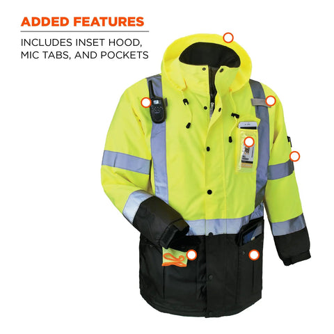High Visibility Reflective Winter Safety Jacket Insulated Parka ANSI Compliant Lime GloWear 8384 with hood, mic tabs, pockets