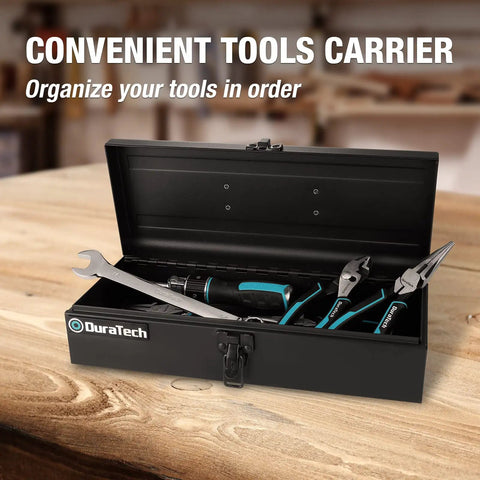 Built Different 15 Inch Carbon Steel Tool Box With Secure Metal Latch Heavy Duty Handheld Case For Garage Setup And Crew Calls Anti Corrosion Finish Keeps Essential Gear Locked
