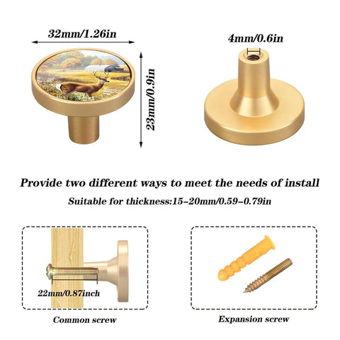 4 Pack Gold Cabinet Knobs with Round Pulls, dual screw mount, easy install, durable acrylic, zinc alloy hardware, scratch resistant