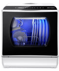 Ultra Compact Countertop Portable Dishwasher With No Hookup Setup Runs Smooth To Clean Forty Plus Dishes Fast, front view showing interior with plates.