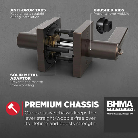Halifax Entry Door Handle With Lock And Key For Front Entrance And Bedrooms No Nonsense Lock It Down Reversible Lever Venetian Bronze Finish with highlighted features like anti-drop tabs and solid metal adaptor.